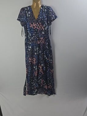 Kensie Women's Blue Floral Ruffle Midi Dress Sz 13 V-Neck Whimsical Fairy Boho